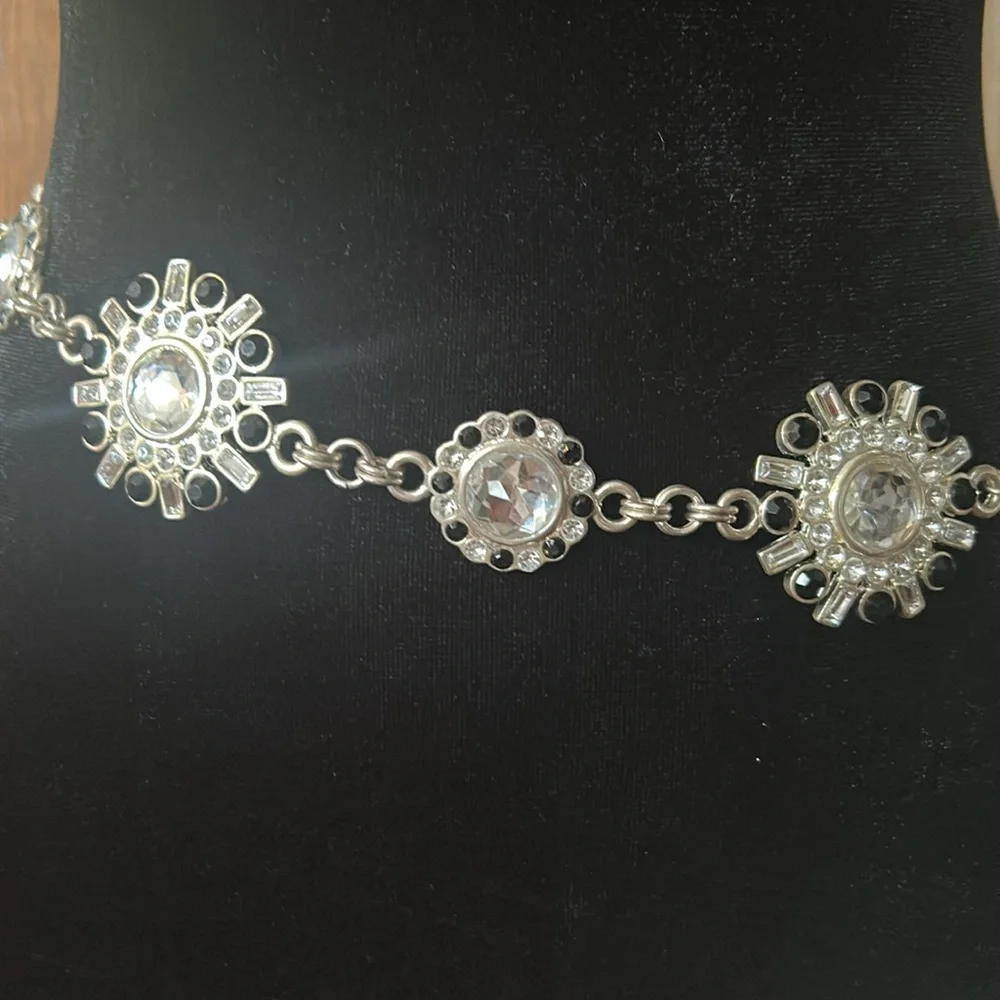 Stunning Silver Rhinestone Faux Onyx Chain Belt